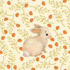 amazing stylish hand drawn seamless pattern. Forest colorful and cute soft bunny with yellow  branches and orange leaves on light beige background