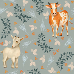 Amazing cute hand drawn botanical seamless pattern with green and orange leaves and branches and a nice little baby goat and cow isolated on light grey green. Perfect for children design