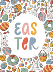 Easter greeting card decorated with quote and frame of doodles. Good for holiday's templates, prints, invitations, posters, prints, banners, etc. EPS 10