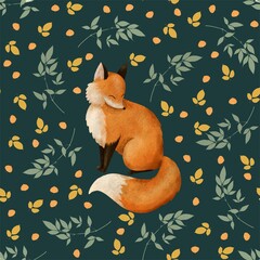amazing stylish hand drawn seamless pattern. Forest orange colorful  fox with golden branches and leaves on dark green background