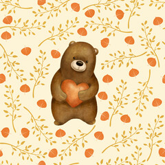 Amazing cute hand drawn botanical seamless pattern with Yellow orange leaves and branches and a nice little baby teddy bear with a heart  isolated on light beige. Perfect for children design