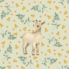 Amazing cute hand drawn botanical seamless pattern with green orange leaves and branches and a nice little baby goat isolated on light green. Perfect for children design