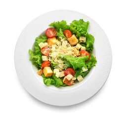 Plate of tasty vegan Caesar salad isolated on white background