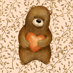 Cute little baby bear cub with an orange heart on beige  background with beautiful botanical print of brown grass and leaves.