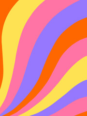 Retro wavy lines background. Orange, violet, pink, yellow psychedelic abstract stripes. Bright color modern print, poster, template, copy space design.