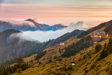 Beautiful autumn scenery in Taiwan, The fallen leaves beautiful color picture, Asia - Beautiful landscape of highest mountains blue sky in fall seaon at Taroko National Park, Taiwan
