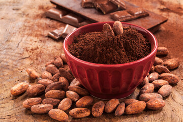 Cacao powder, cacao beans and chocolate bars are together. - 490026771