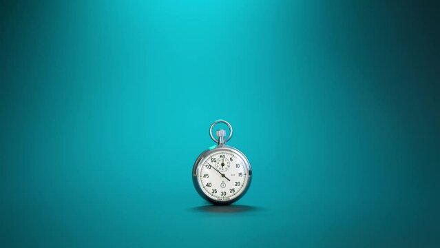 Chromed retro stopwatch counts down time to deadline of business processes. vintage stopwatch on blue background goes forward, second hand move, time is run. End of countdown or start of new minute.
