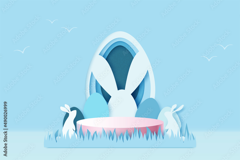 Aufkleber happy easter background.paper art of easter eggs and rabbit with egg shape.product display podium mo