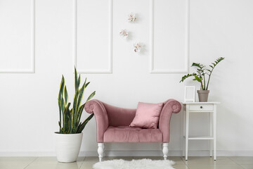 Beautiful houseplants and armchair near white wall