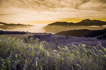 Beautiful autumn scenery in Taiwan, The fallen leaves beautiful color picture, Asia - Beautiful landscape of highest mountains blue sky in fall seaon at Taroko National Park, Taiwan