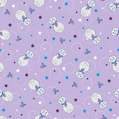 Seamless pattern with cats on a lilac background. Veri Peri color of the year for children's clothing pattern. Seamless pattern for children's knitwear with funny cats, circles and stars. 