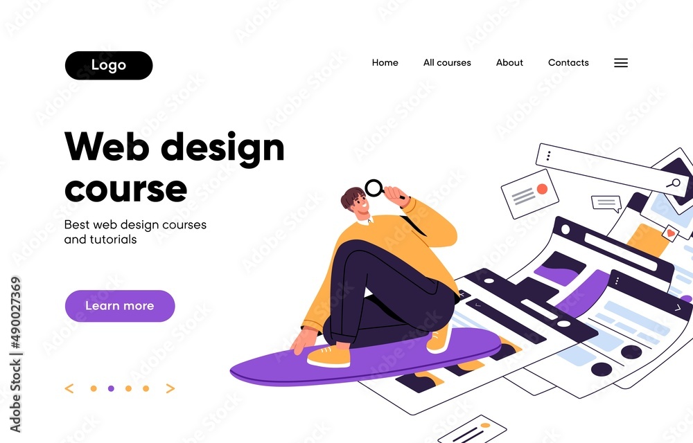 Poster Landing page design for website homepage. Web-site interface layout with menu, elements. Modern education platform wireframe, template for UI UX online courses. Colored flat vector illustration