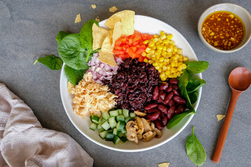 Homemade Mexican cuisine. Mexican Salad Bowl. Very healthy and delicious meal for light eater or on diet for a clean lifestyle living.