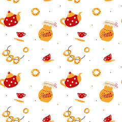 Seamless pattern of teapot and mugs and bagels. Russian traditions. Maslenitsa Day. Vector illustration for backgrounds, postcards, packaging