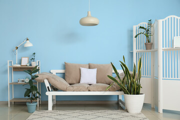 Beautiful houseplants, folding screen and comfortable sofa near blue wall