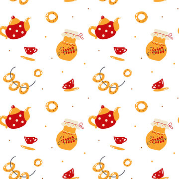 Seamless pattern of teapot and mugs and bagels. Russian traditions. Maslenitsa Day. Vector illustration for backgrounds, postcards, packaging