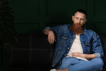 Portrait of handsome bearded man sitting on sofa in dark room
