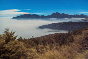 Beautiful autumn scenery in Taiwan, The fallen leaves beautiful color picture, Asia - Beautiful landscape of highest mountains blue sky in fall seaon at Taroko National Park, Taiwan