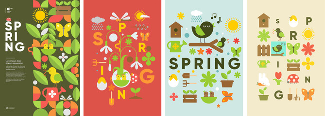 Hello Spring. Nature. Garden. Set of simple vector illustrations. Symbolic posters on the theme of peace, harmony. Backgrounds for banners, labels, covers.