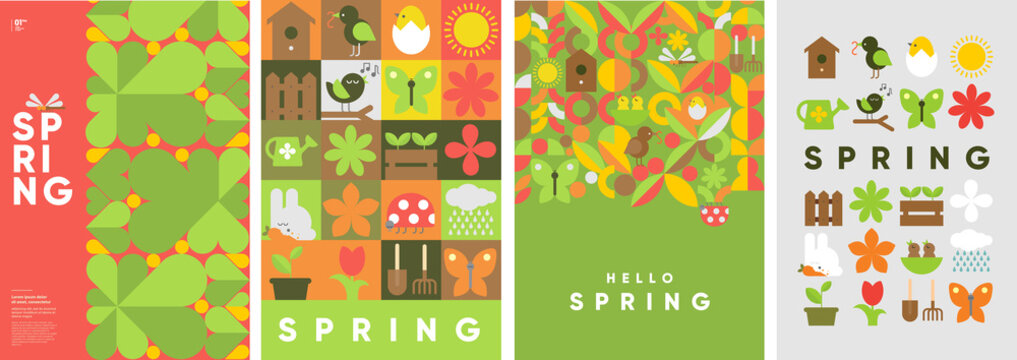 Hello Spring. Nature. Garden. Set of simple vector illustrations. Symbolic posters on the theme of peace, harmony. Backgrounds for banners, labels, covers.