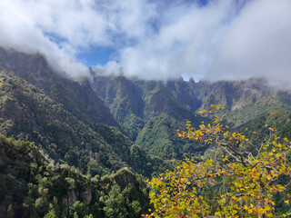 Amazing view of different mountain peaks in Madeira Island, Portugal during a sunny day with clouds passing. Beautiful mountain range. Yellow leaves in the tree, autumn feeling. Travel the world.