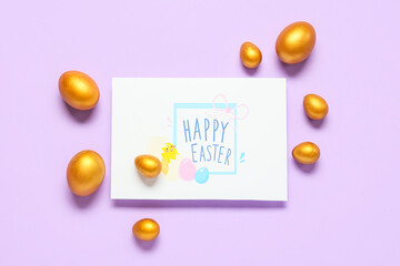 Beautiful Easter composition with greeting card on color background