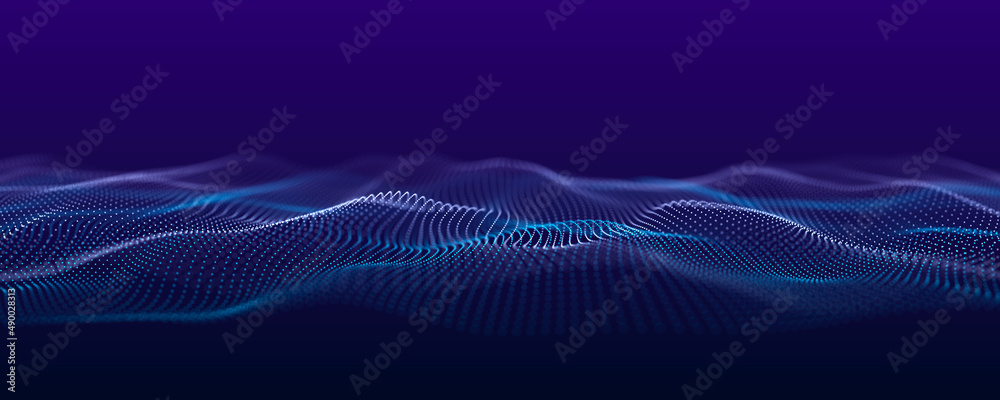 Fototapete Futuristic blue wave with intertwined lines and dots. Lots of data. Musical flow of sounds. 3D rendering.