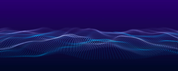 Futuristic blue wave with intertwined lines and dots. Lots of data. Musical flow of sounds. 3D rendering.
