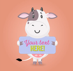 Funny Cute cow holding sign. Healing natural dairy sign. Design for print, emblem, t-shirt, party decoration, sticker, logotype, pavement sign.
