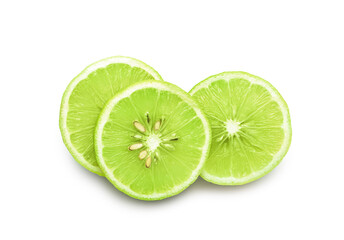 Slices of juicy bergamot fruit on white background