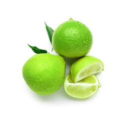 Ripe bergamot fruits with water drops on white background