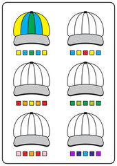 Coloring pages, educational games for children, preschool activities, printable worksheets. Simple cartoon vector illustration of colorful objects to learn colors. Color the hat.