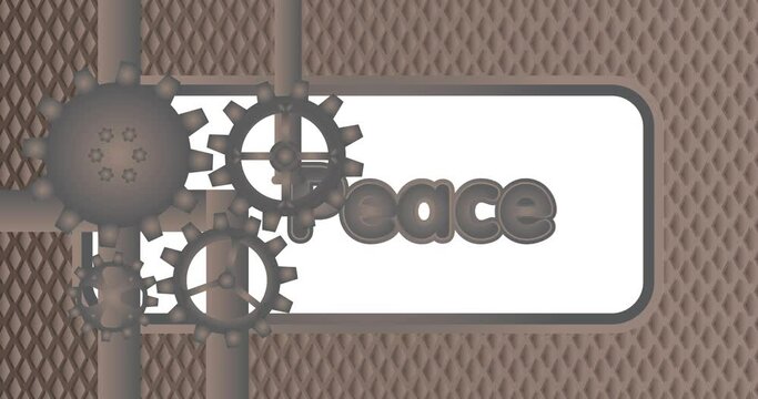 Rotating gears, business mechanism concept with Peace text. Stock video animation.