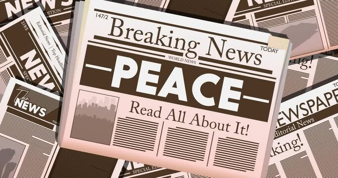 Newspaper with the text Peace as headline. 4k resolution Cartoon animation. Showing the news from the Printed Media.