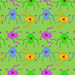 Childish  pattern with cute monsters on green background. Vector texture for children clothes, fabrics, textiles