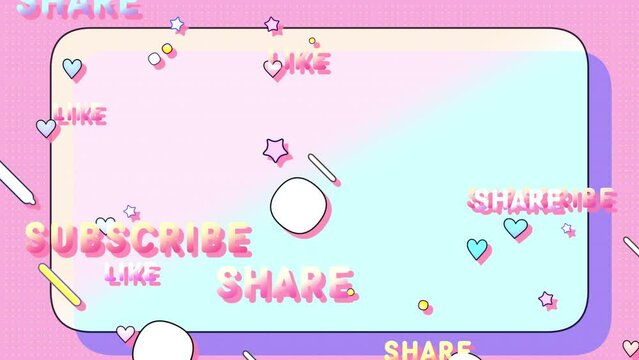 Looped animation of cartoon comic style pastel gradient background with stars, hearts, circles, rounded rectangles, and colorful “Like, Share, and Subscribe” signs.