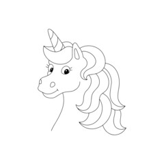 Unicorn with a lush mane. Coloring book page for kids. Cartoon style character. Vector illustration isolated on white background.