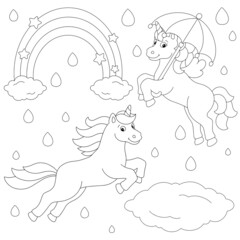 Unicorns walk in the rain. Coloring book page for kids. Cartoon style character. Vector illustration isolated on white background.