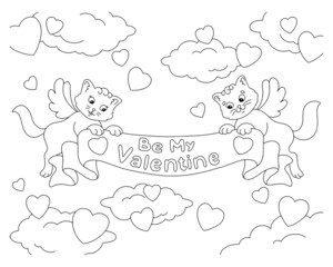 Cats with wings hold a ribbon with an inscription. Coloring book page for kids. Valentine's Day. Cartoon style character. Vector illustration isolated on white background.