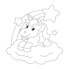 A cute unicorn jumps out of a cloud with a rainbow. Coloring book page for kids. Cartoon style character. Vector illustration isolated on white background.