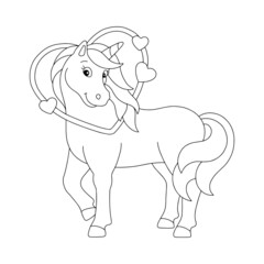 Loving unicorn. Coloring book page for kids. Valentine's Day. Cartoon style character. Vector illustration isolated on white background.