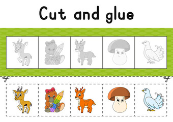 Fototapeta na wymiar Cut and glue. Color activity worksheet for kids. Game for children. Cartoon character. Vector illustration.