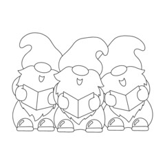 The dwarfs are singing Christmas carols. Coloring book page for kids. Cartoon style character. Vector illustration isolated on white background.