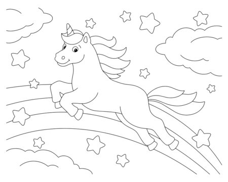 The unicorn jumps along the rainbow. Coloring book page for kids. Cartoon style character. Vector illustration isolated on white background.