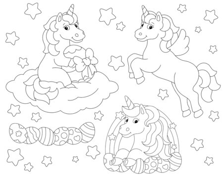 A set of cute festive Easter unicorns. Coloring book page for kids. Cartoon style character. Vector illustration isolated on white background.