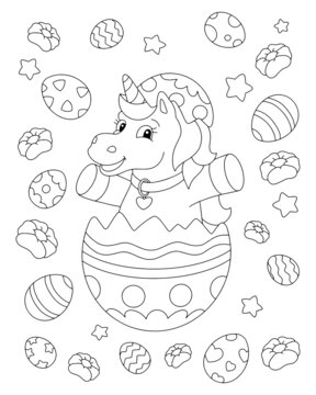 Cheerful unicorn celebrates easter. Coloring book page for kids. Cartoon style character. Vector illustration isolated on white background.