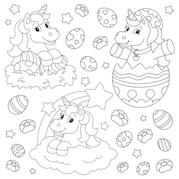 Lovely Easter unicorns. Coloring book page for kids. Cartoon style character. Vector illustration isolated on white background.