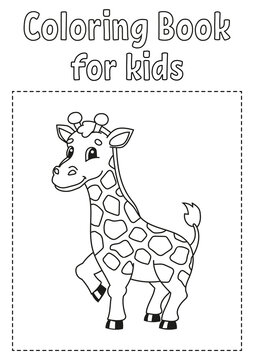 Coloring book for kids. Giraffe animal. Cheerful character. Vector illustration. Cute coon style. Fantasy page for children. Black contour silhouette. Isolated on white background.