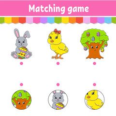 Matching game for kids. Education developing worksheet. Draw a line. Easter theme. Activity page. cartoon character. Vector illustration.